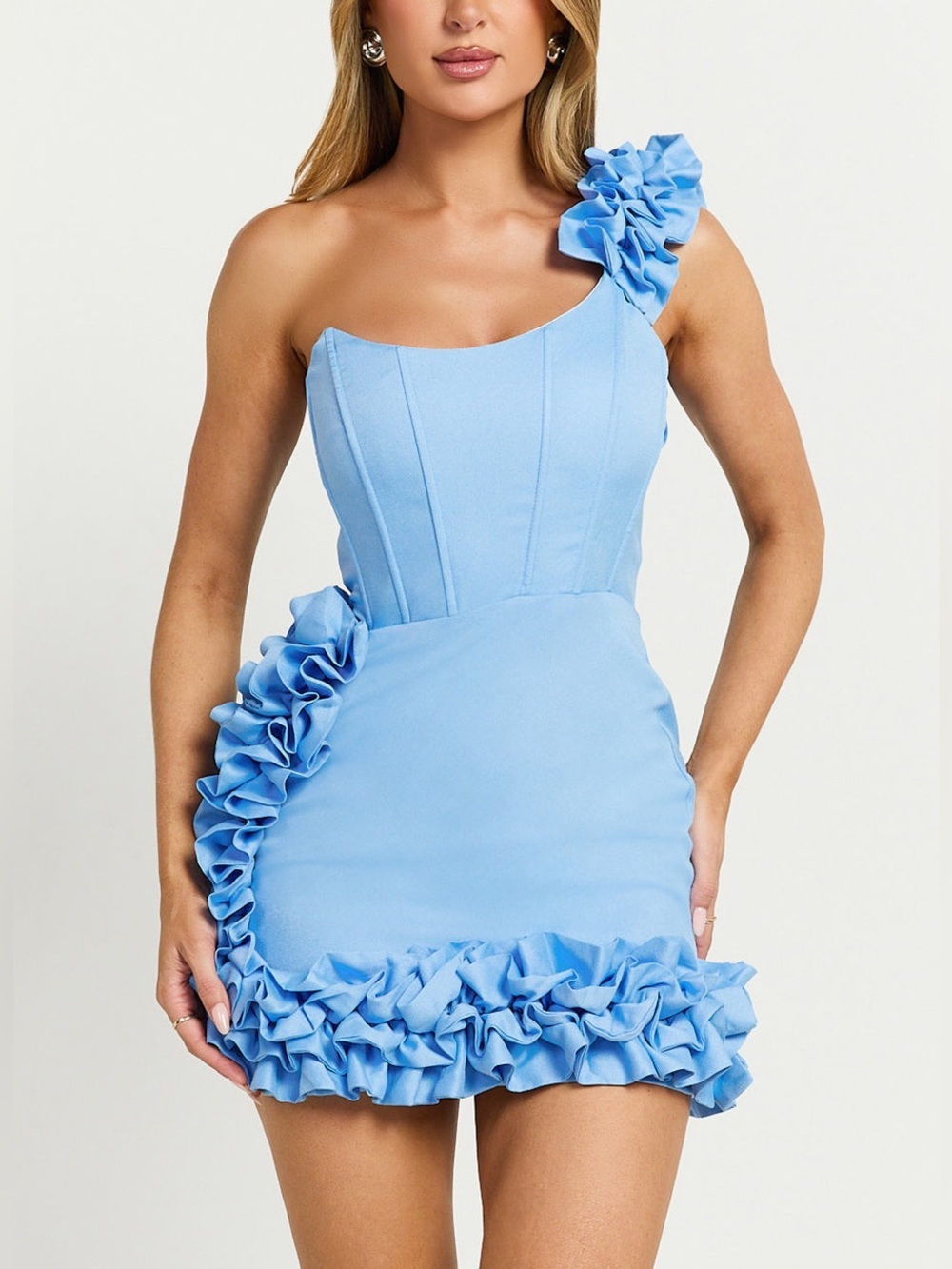 NWT - Amalie The Label Valencia One Shoulder Mini Dress in Sky Blue - Size 10